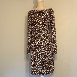 Diane von Furstenberg DVF Brown Floral Dot Long Sleeve Midi Silk Dress Size 14